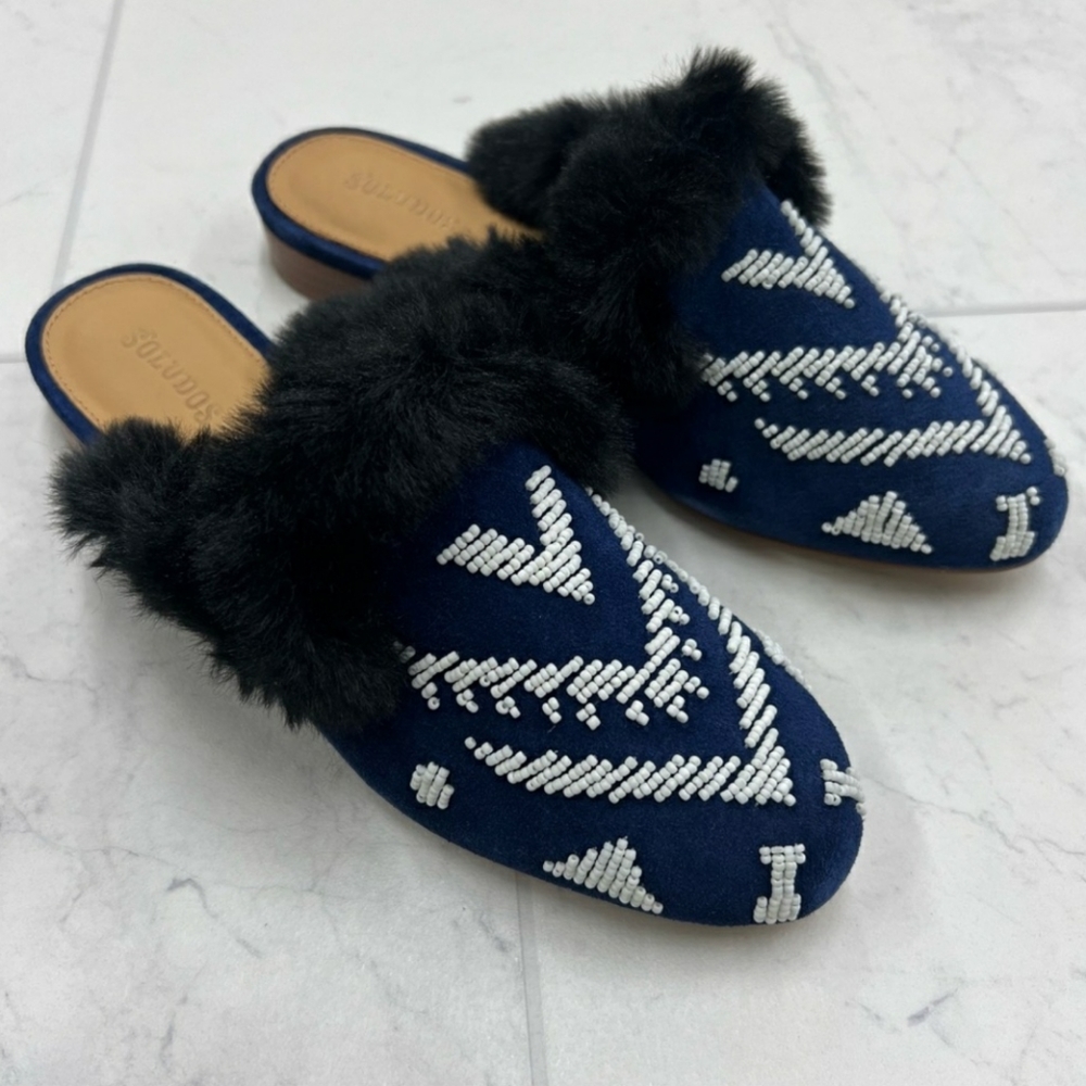 Soludos Sedona Faux Fur Beaded Leather Mule Navy 6 new In Box - Picture 2 of 12